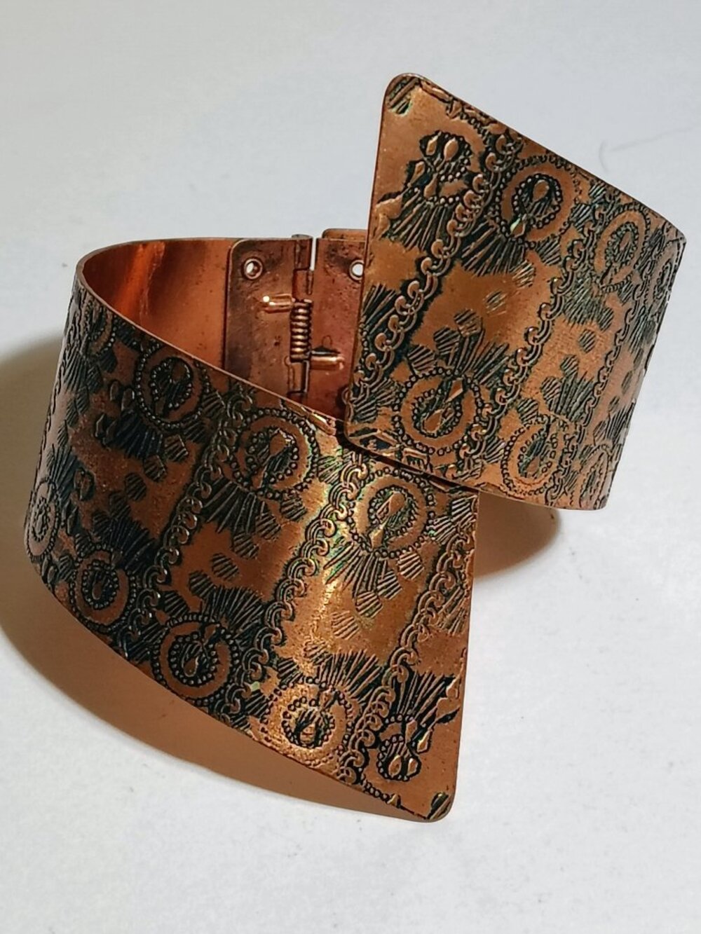 Copper Bracelet Armlet Lynx Cuff Traditional Indian Art Engraved Exotic Wide